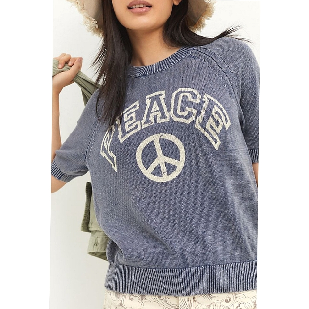 Anthropologie Pilcro Peace Monogram Knit Tee in Blue Size XSP